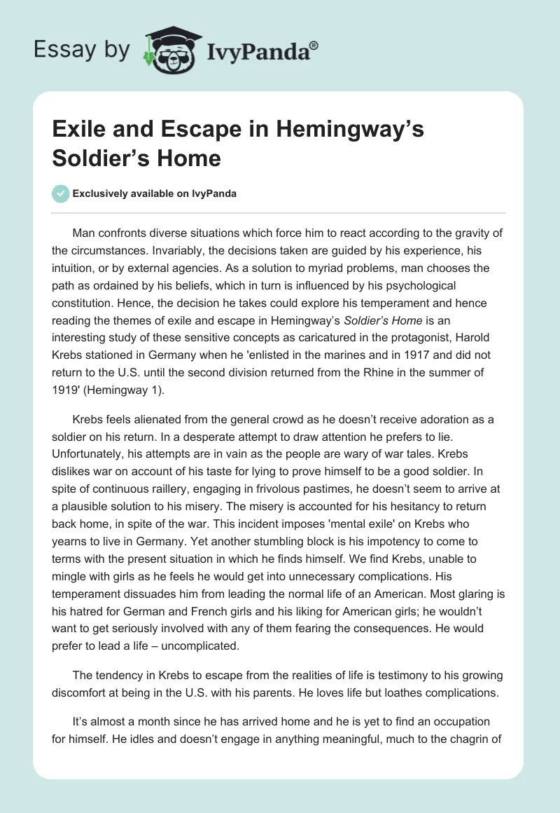 Exile and Escape in Hemingway’s "Soldier’s Home". Page 1