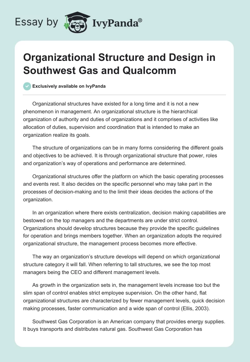 Organizational Structure and Design in Southwest Gas and Qualcomm. Page 1