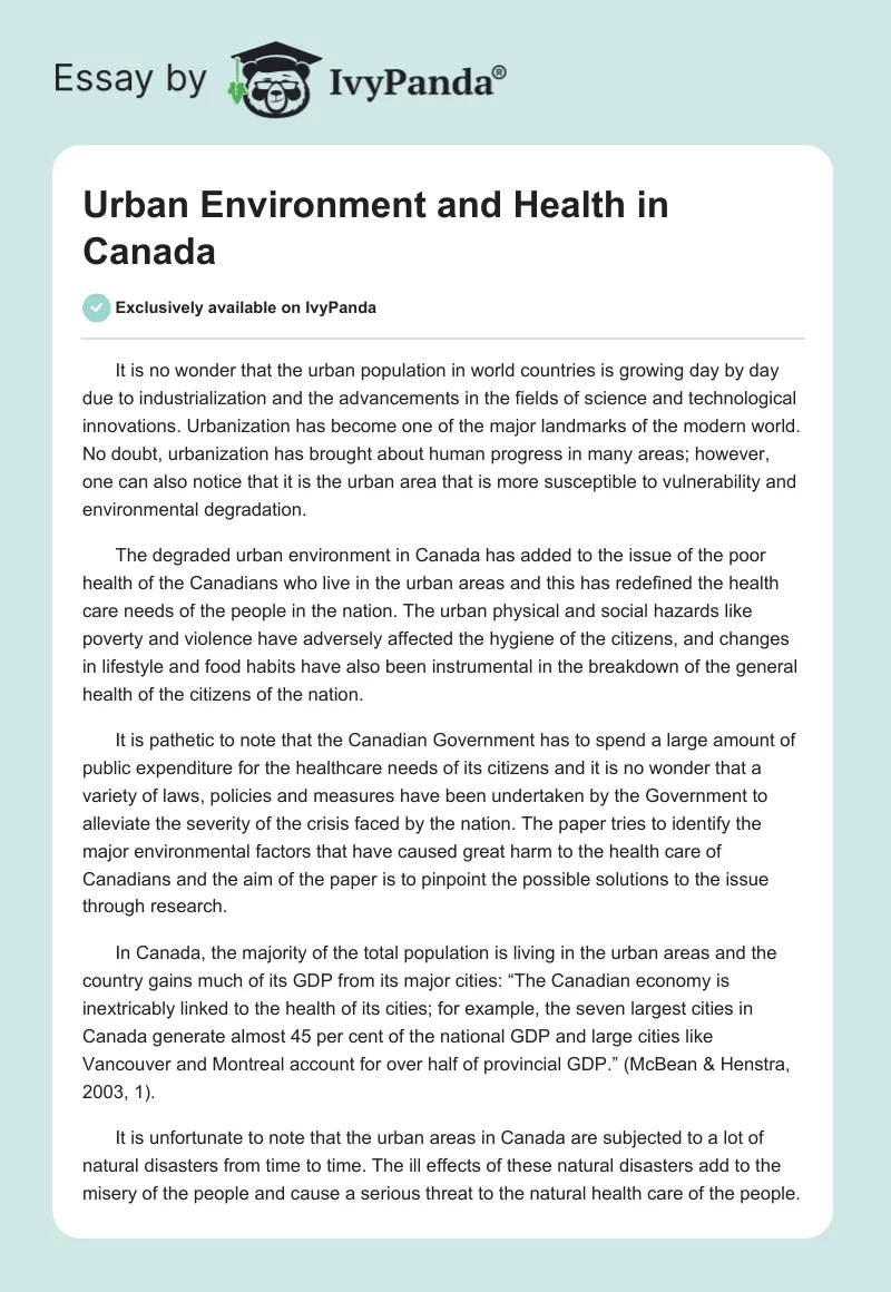 Urban Environment and Health in Canada. Page 1