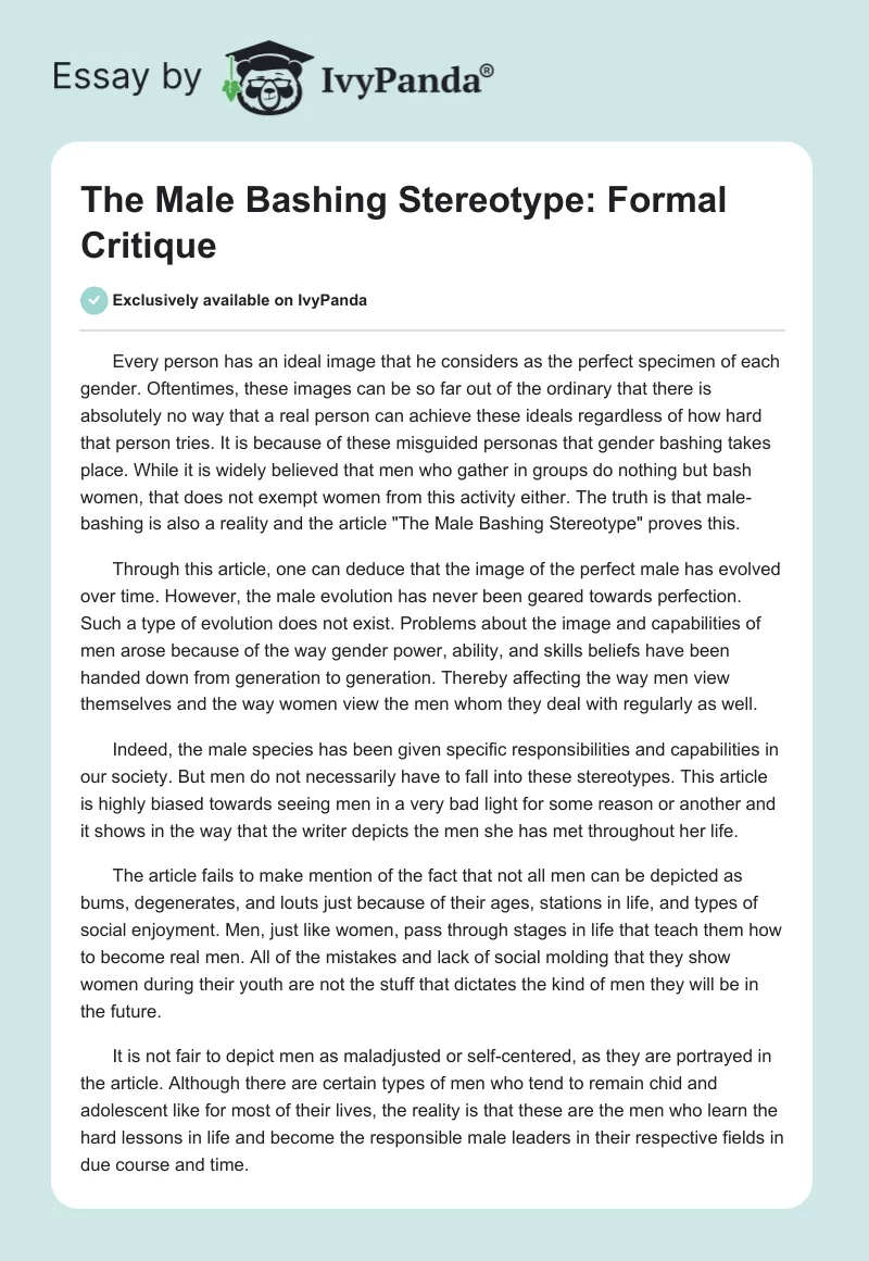 The Male Bashing Stereotype: Formal Critique. Page 1
