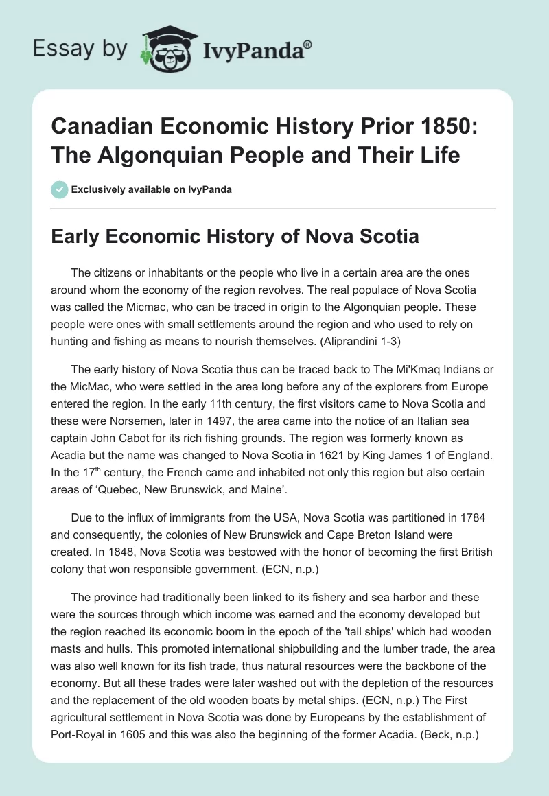 Canadian Economic History Prior 1850: The Algonquian People and Their Life. Page 1