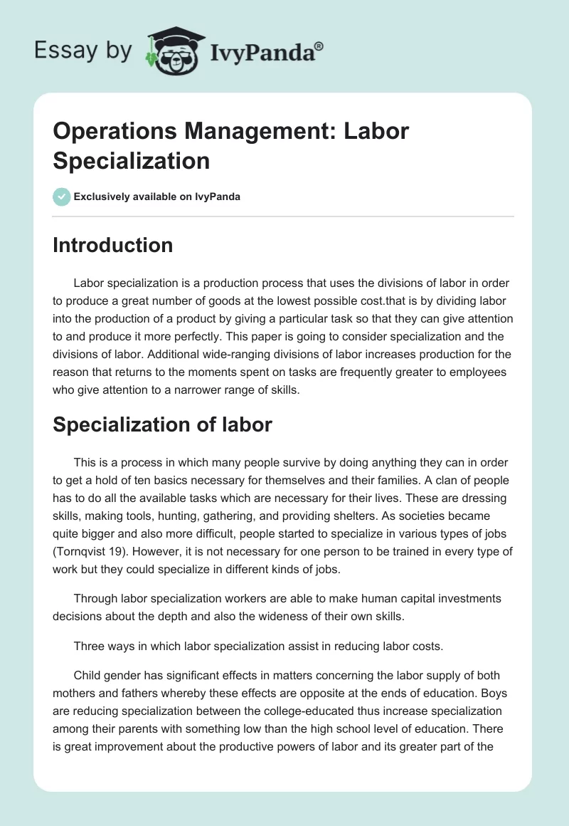Operations Management: Labor Specialization. Page 1