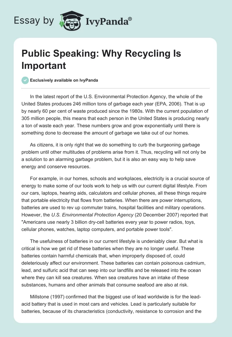Public Speaking: Why Recycling Is Important. Page 1