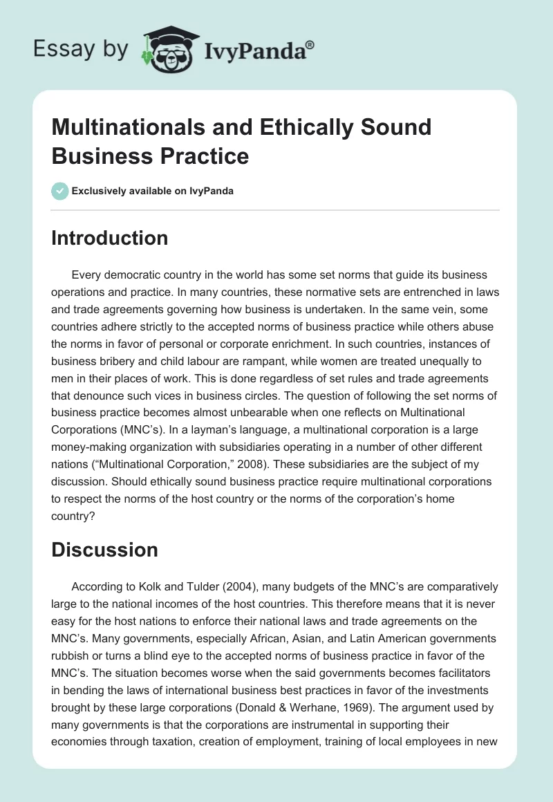 Multinationals and Ethically Sound Business Practice. Page 1