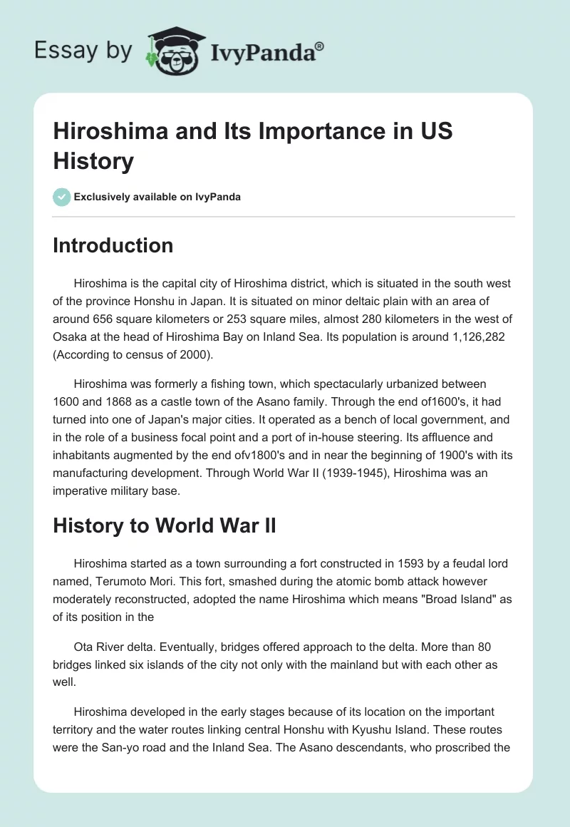 Hiroshima and Its Importance in US History. Page 1