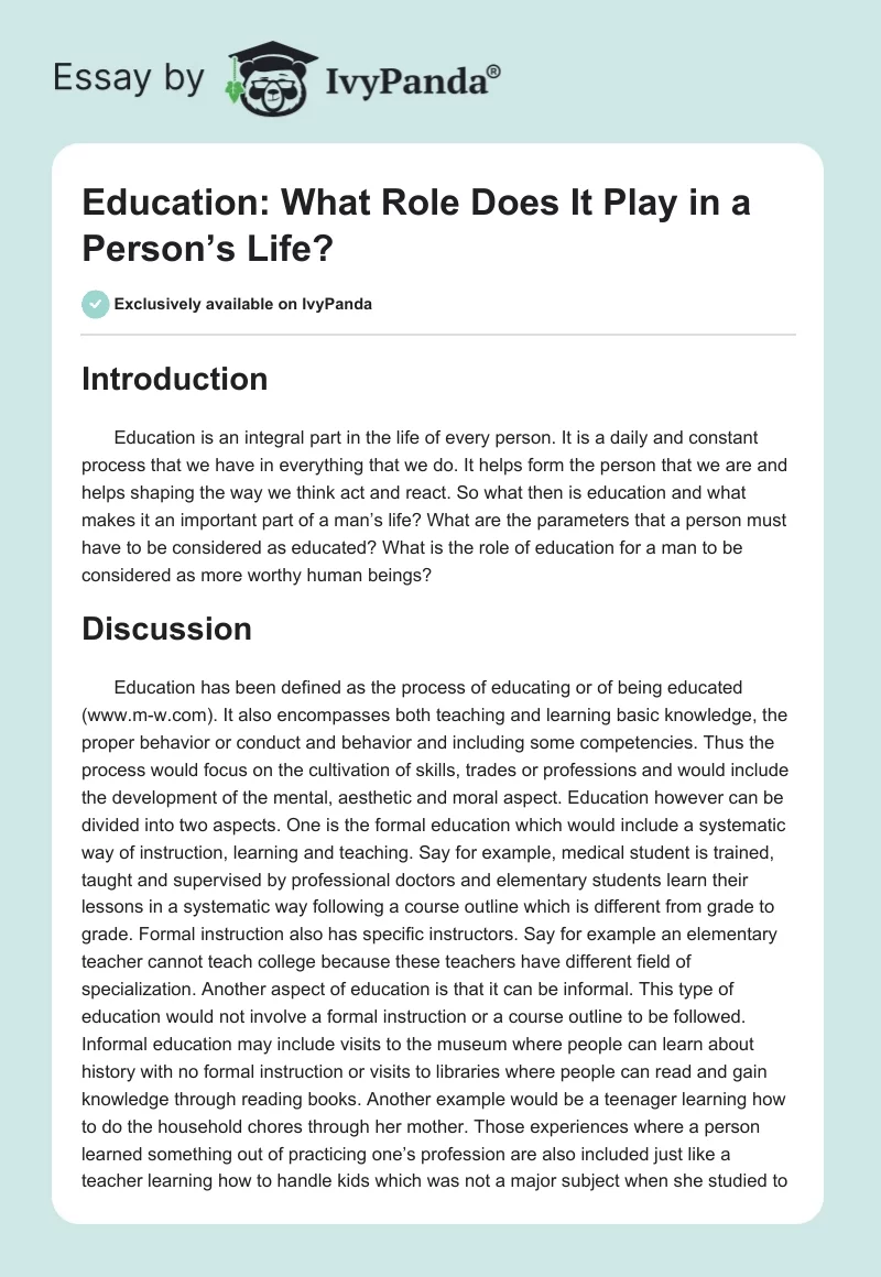 Education: What Role Does It Play in a Person’s Life?. Page 1