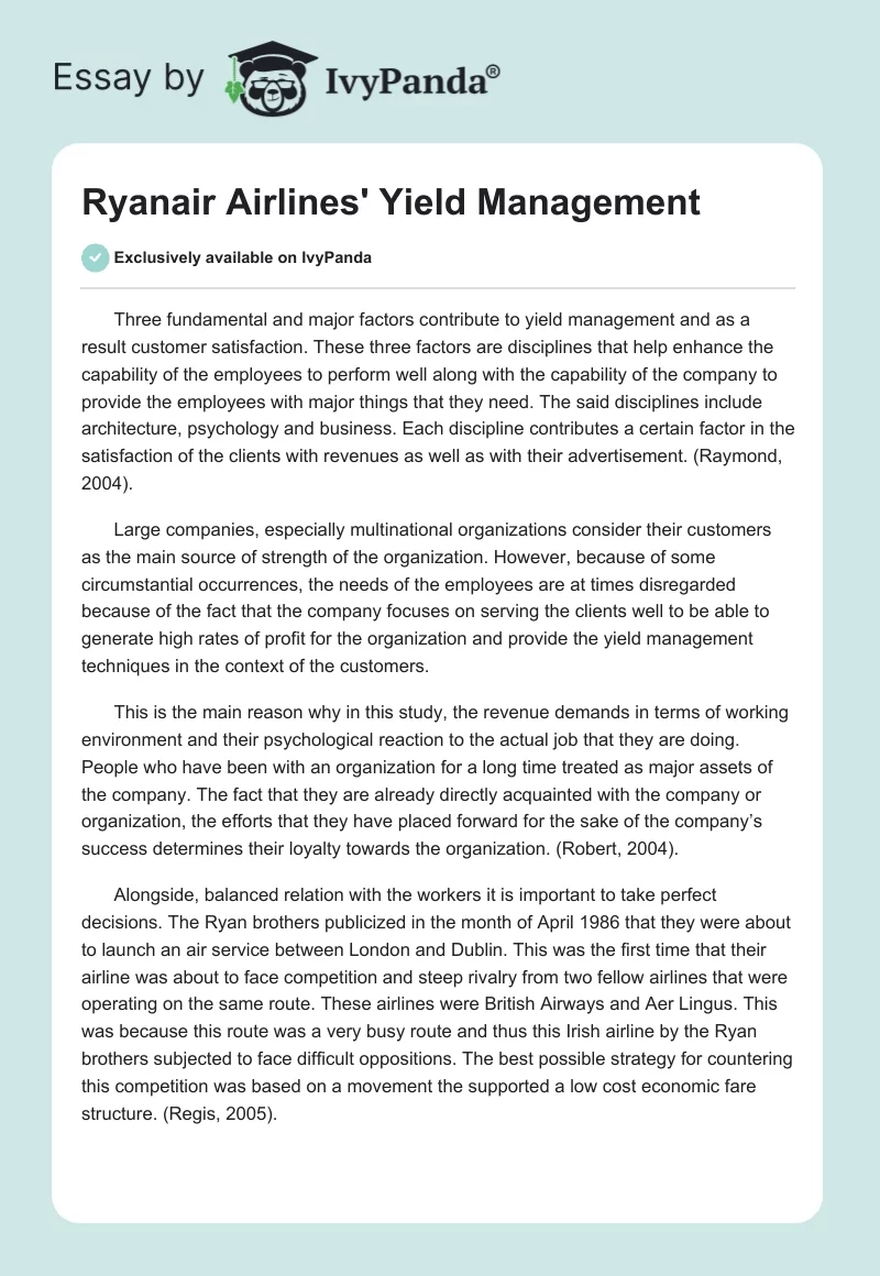 Ryanair Airlines' Yield Management. Page 1