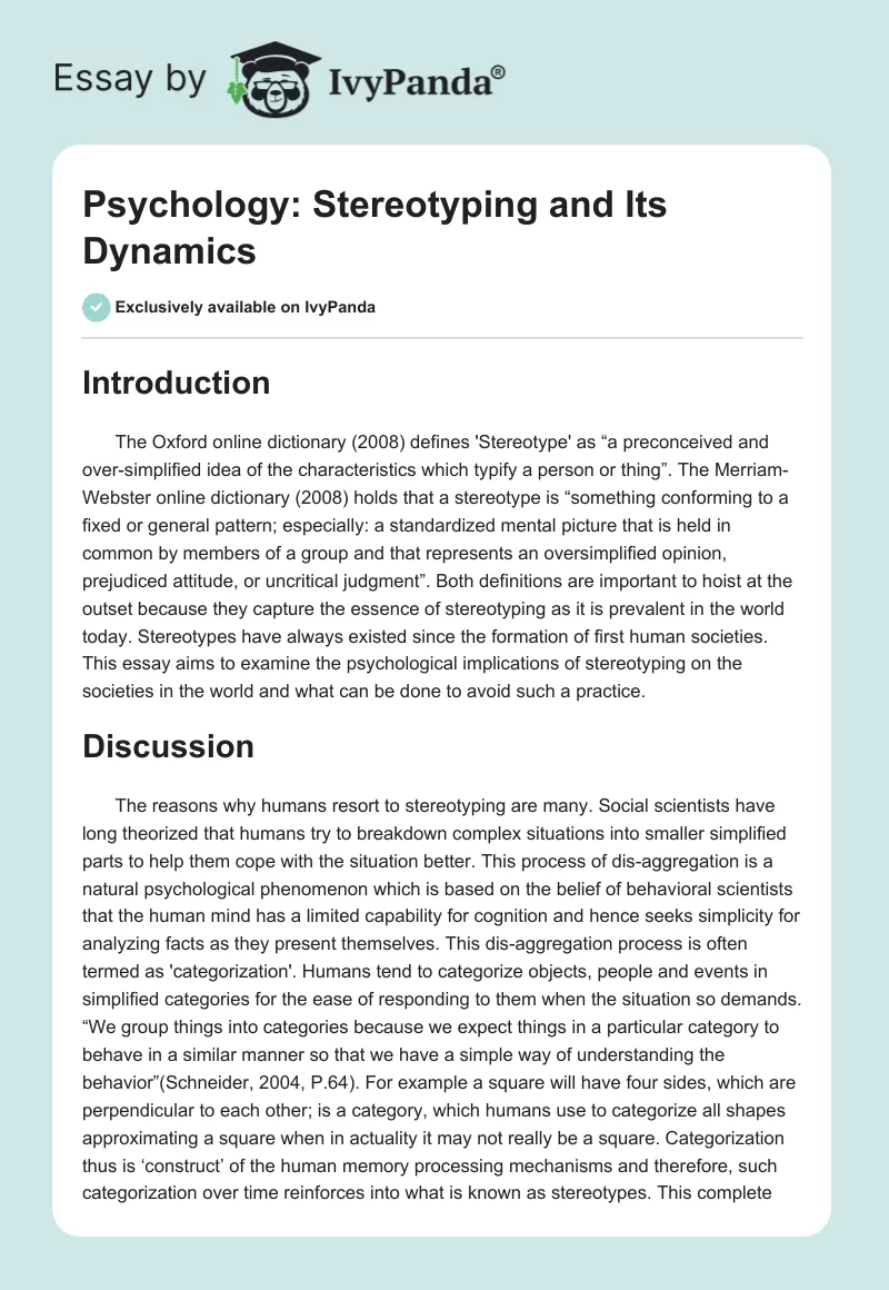 Psychology: Stereotyping and Its Dynamics. Page 1