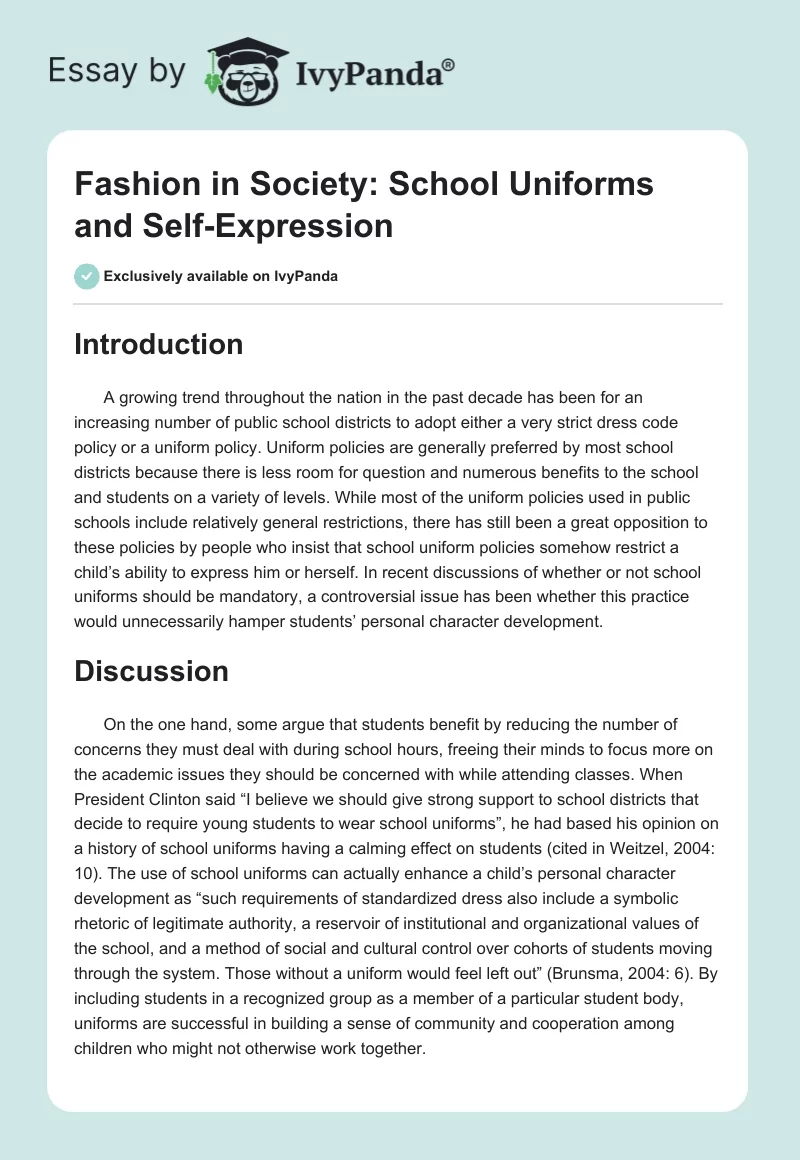 Fashion in Society: School Uniforms and Self-Expression. Page 1
