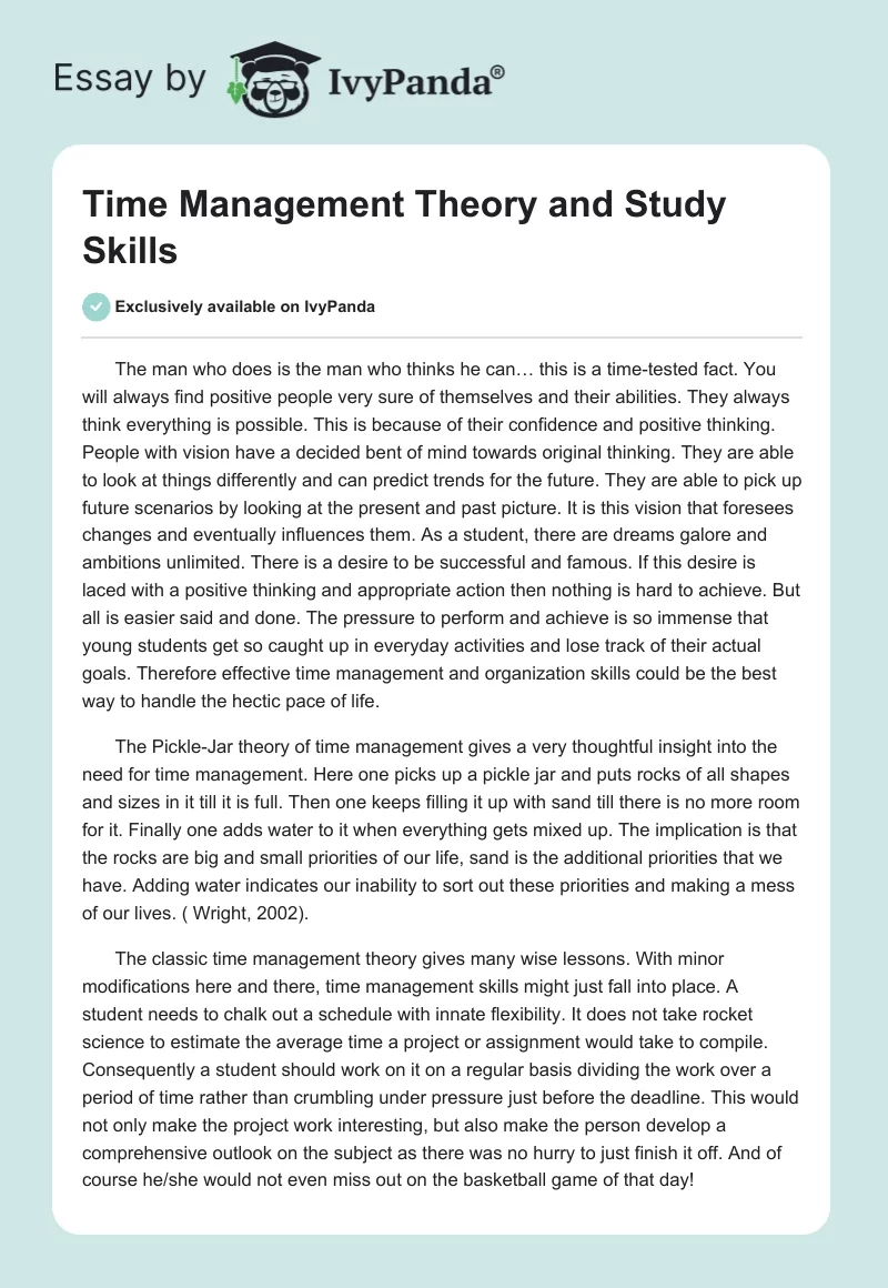 Time Management Theory and Study Skills. Page 1
