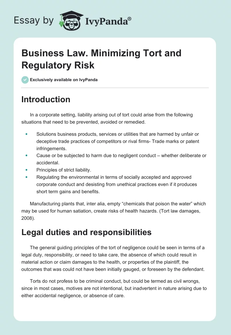 Business Law. Minimizing Tort and Regulatory Risk. Page 1