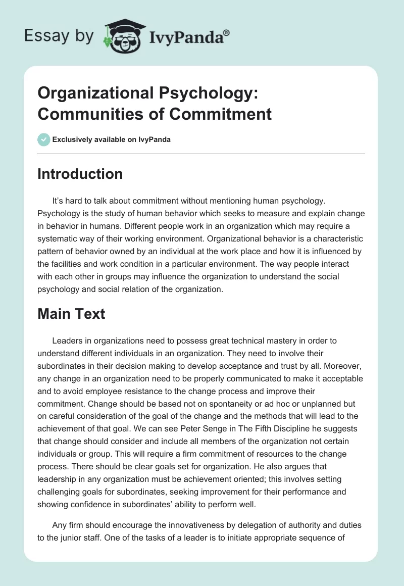 Organizational Psychology: Communities of Commitment. Page 1
