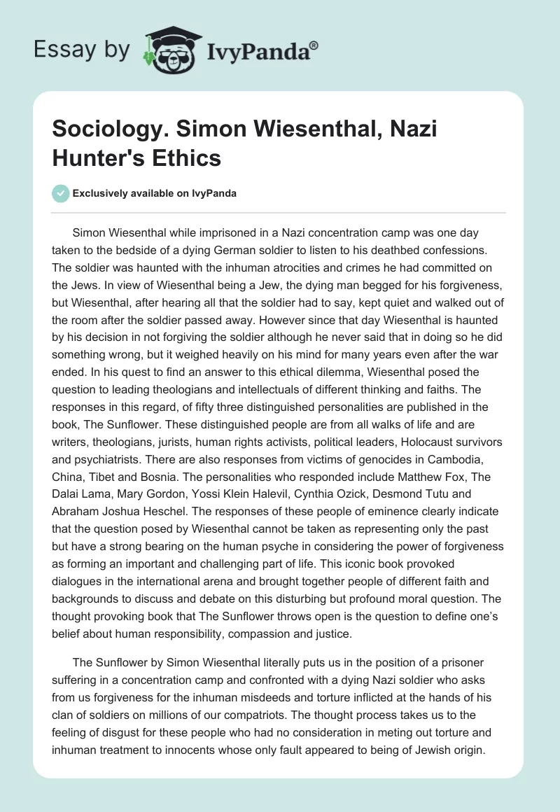 Sociology. Simon Wiesenthal, Nazi Hunter's Ethics. Page 1