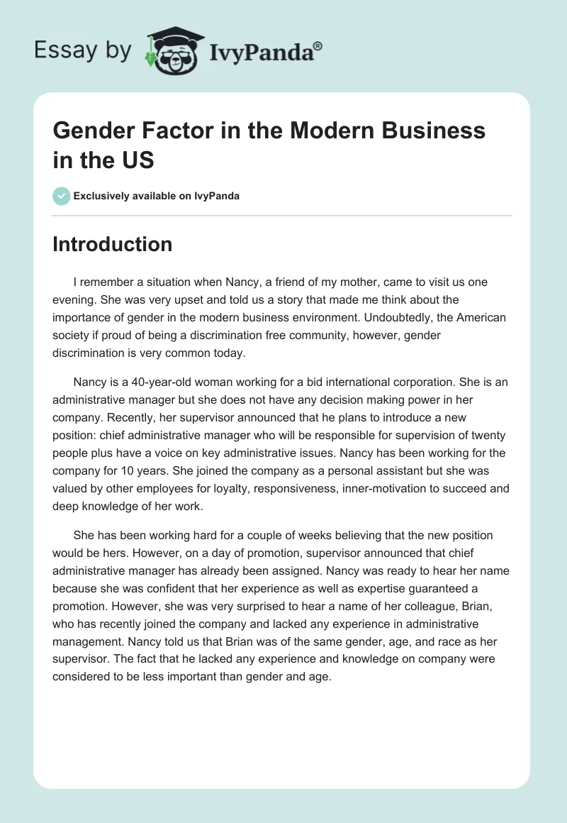 Gender Factor in the Modern Business in the US. Page 1