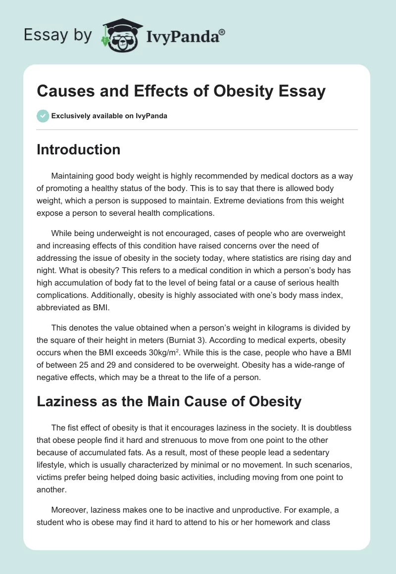 Causes and Effects of Obesity Essay. Page 1