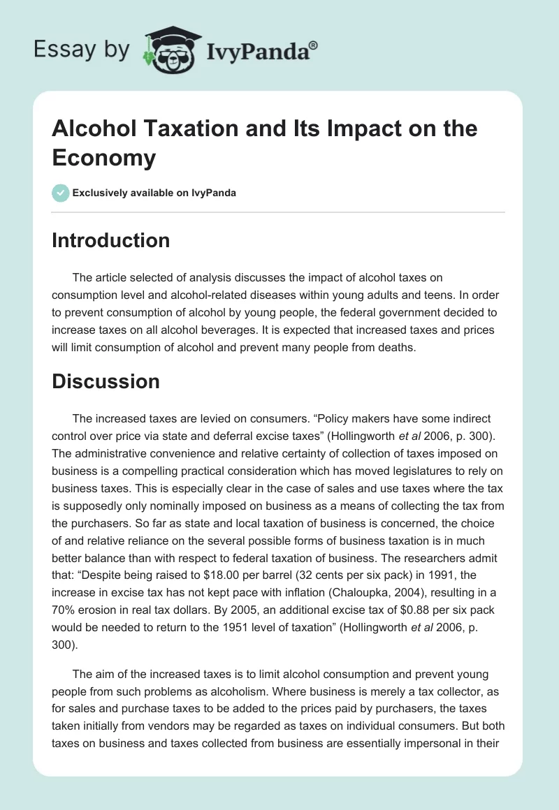 Alcohol Taxation and Its Impact on the Economy. Page 1