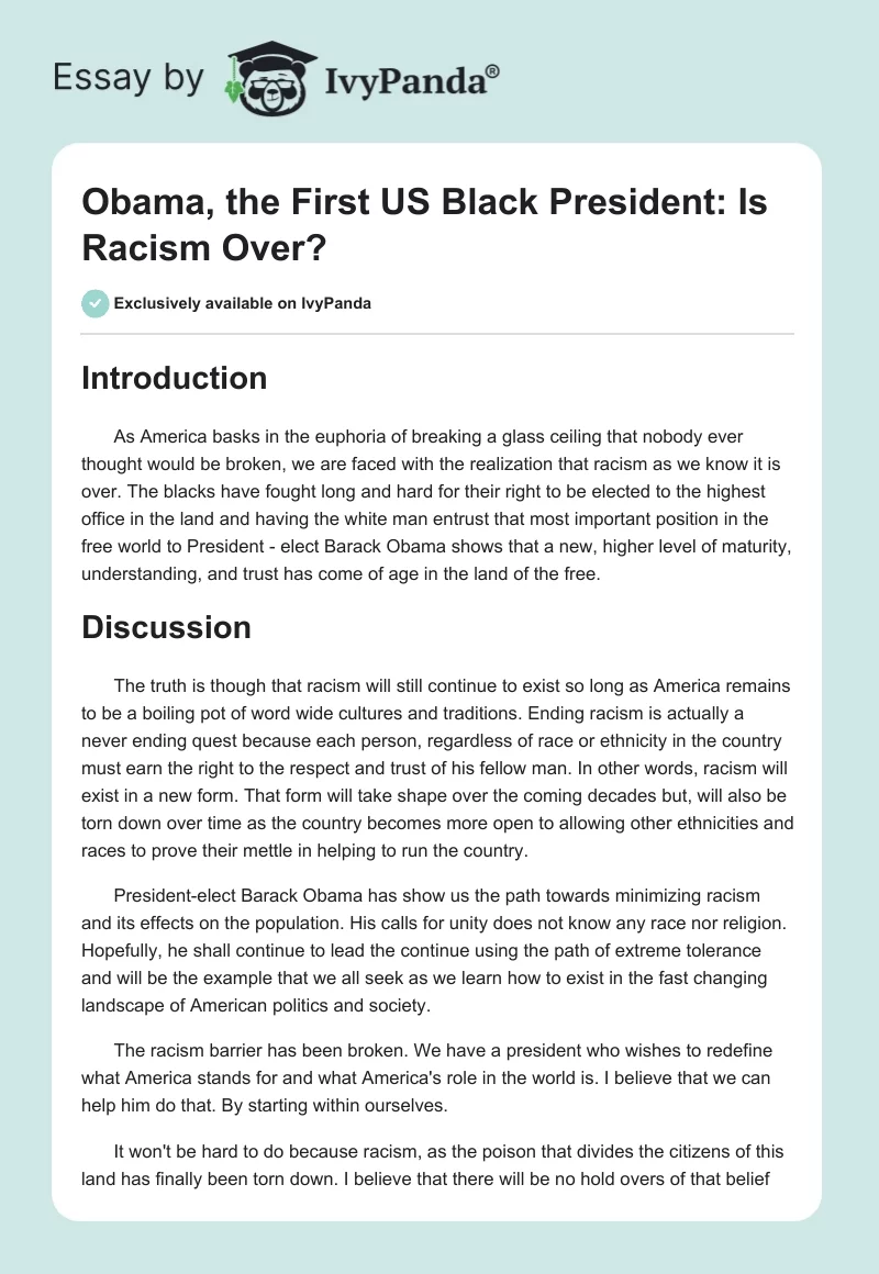 Obama, the First US Black President: Is Racism Over?. Page 1