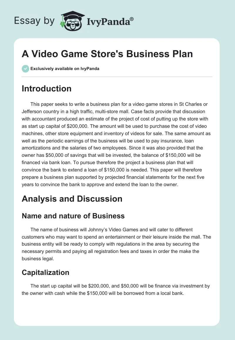 A Video Game Store's Business Plan. Page 1