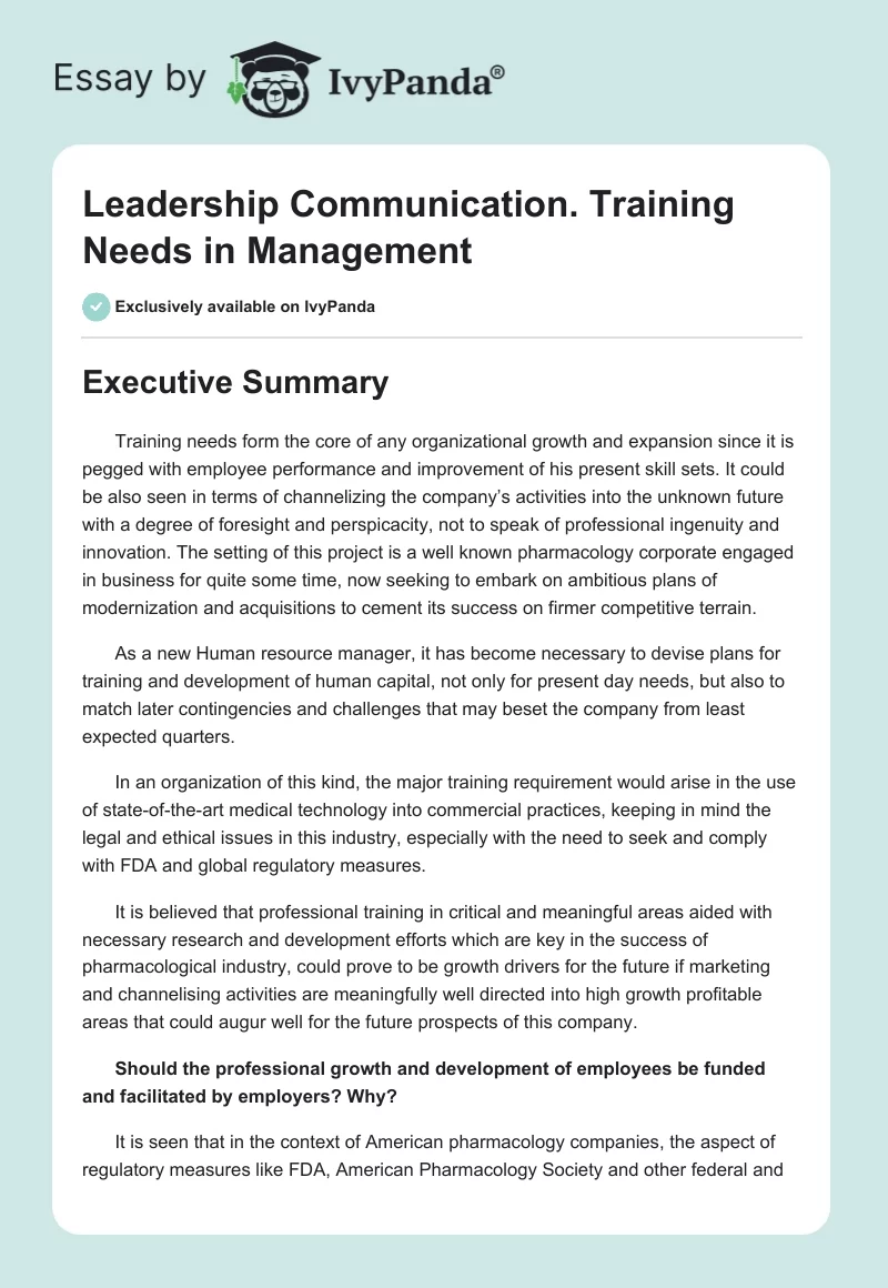 Leadership Communication. Training Needs in Management. Page 1
