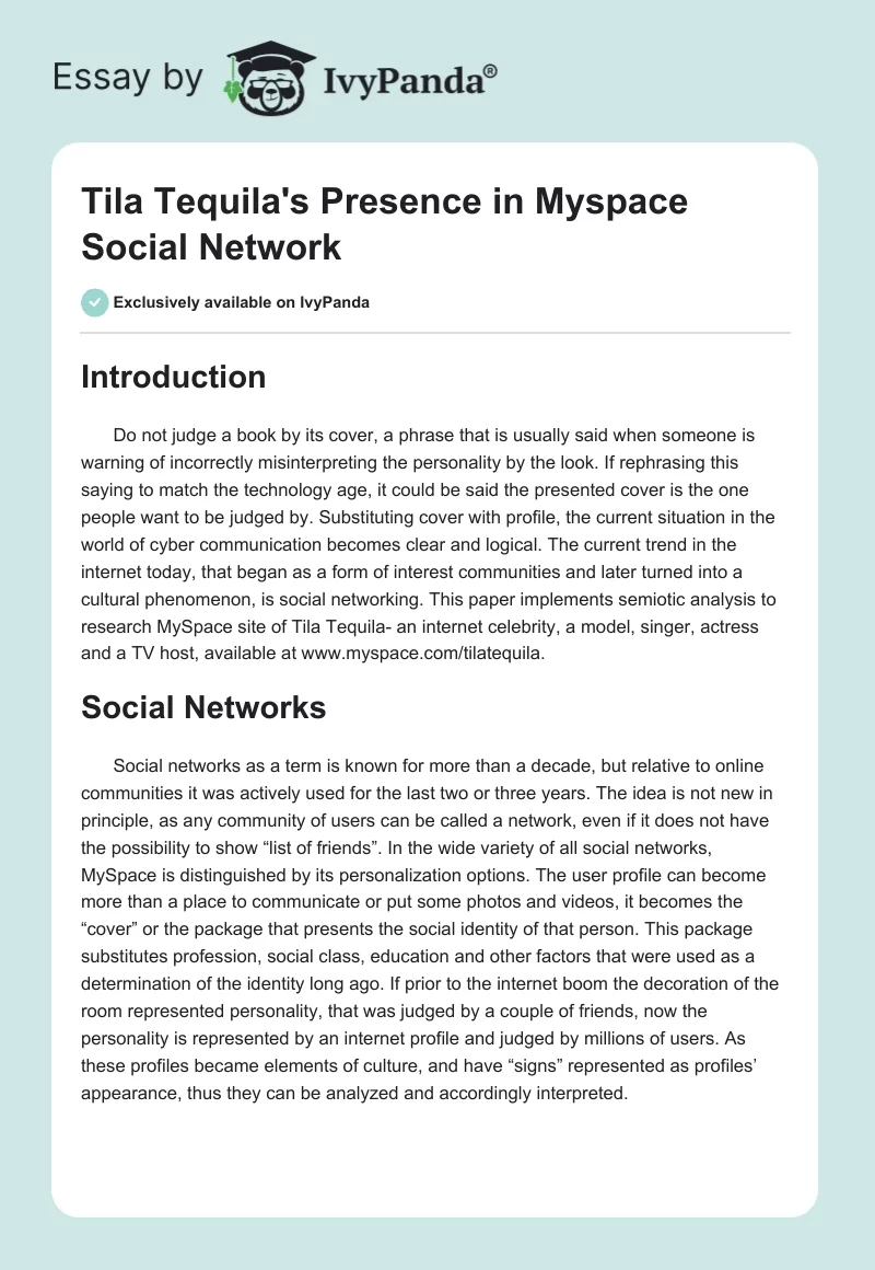 Tila Tequila's Presence in Myspace Social Network. Page 1