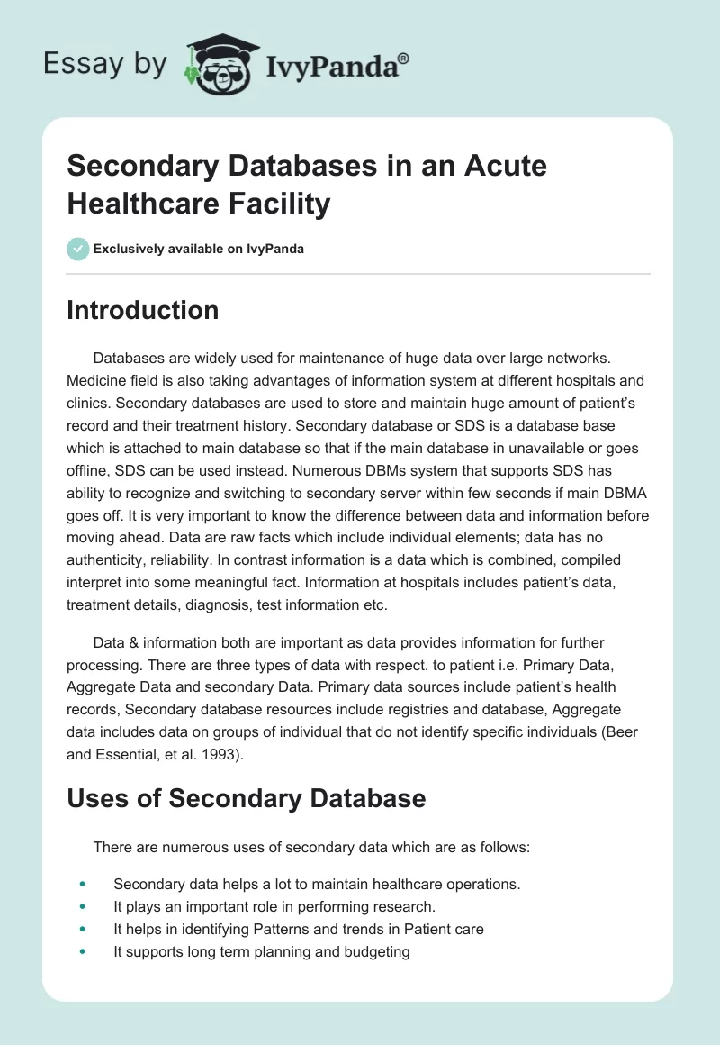 Secondary Databases in an Acute Healthcare Facility. Page 1