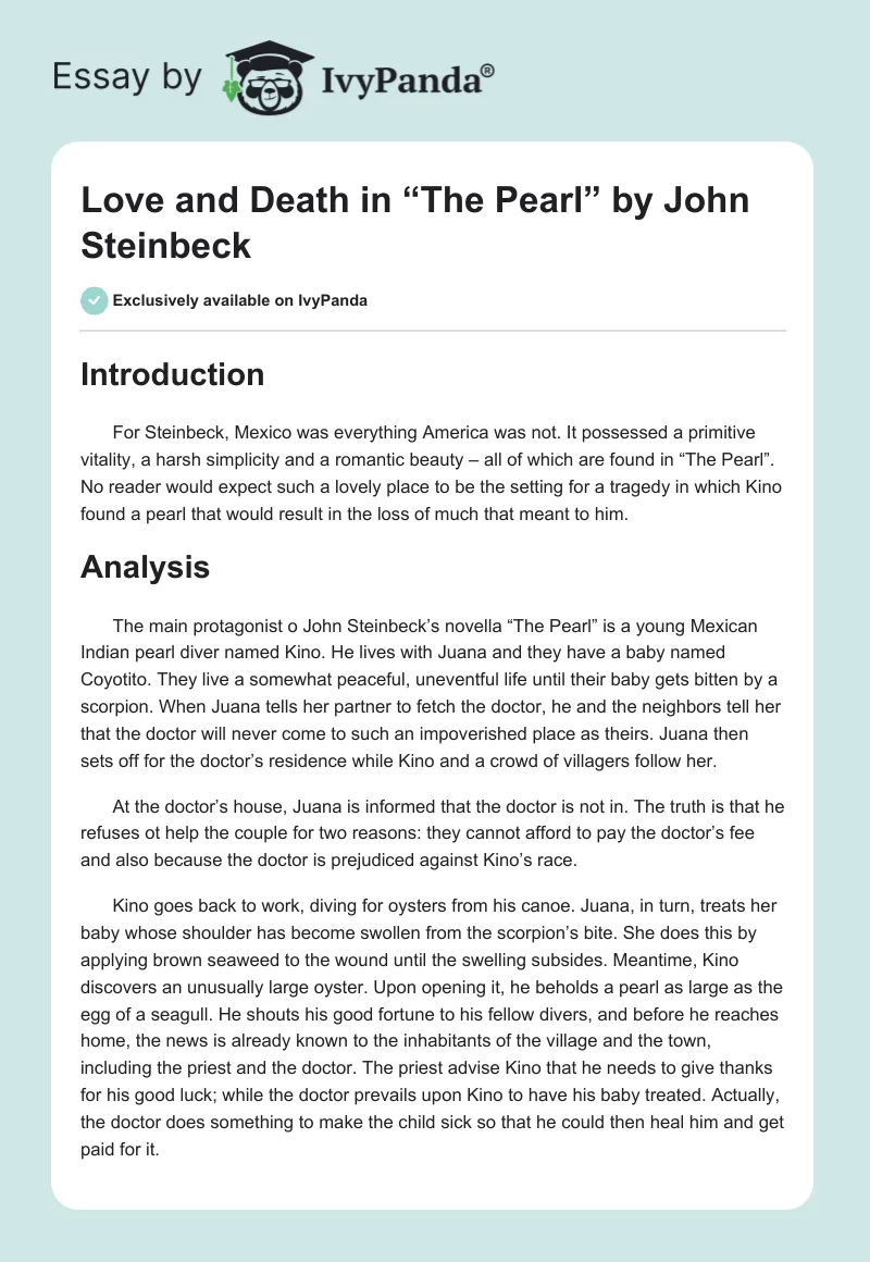 Love and Death in “The Pearl” by John Steinbeck. Page 1