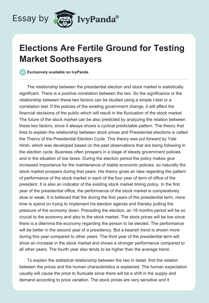 Elections Are Fertile Ground for Testing Market Soothsayers. Page 1