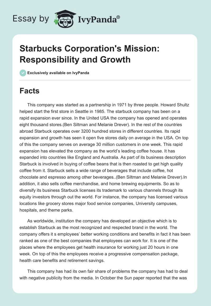 Starbucks Corporation's Mission: Responsibility and Growth. Page 1
