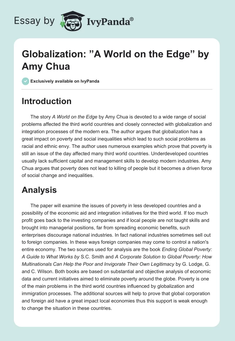 Globalization: ”A World on the Edge” by Amy Chua. Page 1