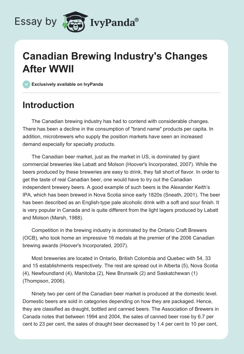 Canadian Brewing Industry's Changes After WWII. Page 1