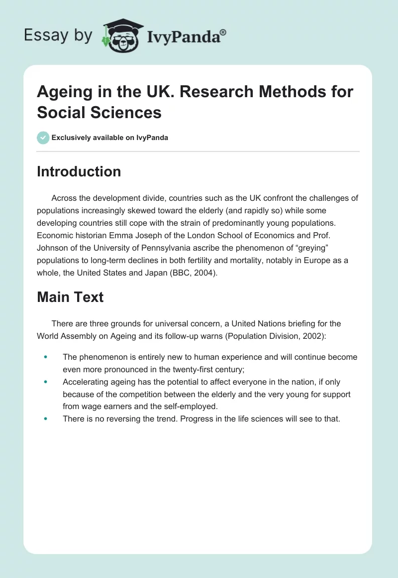 Ageing in the UK. Research Methods for Social Sciences. Page 1
