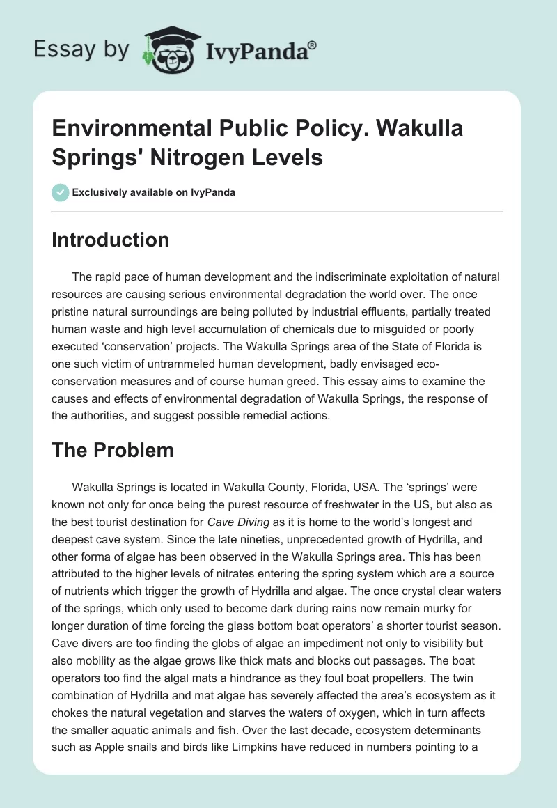 Environmental Public Policy. Wakulla Springs' Nitrogen Levels. Page 1