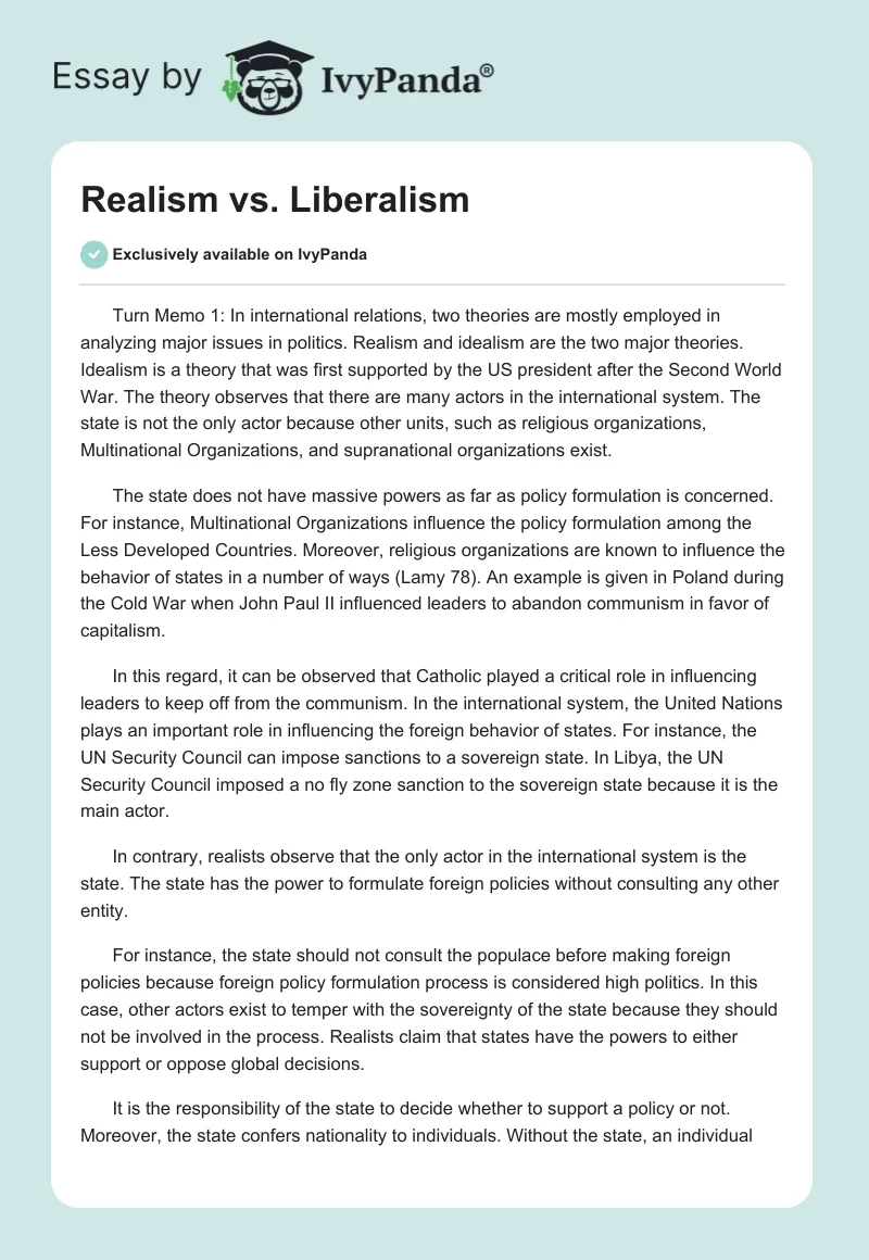 Realism vs. Liberalism. Page 1