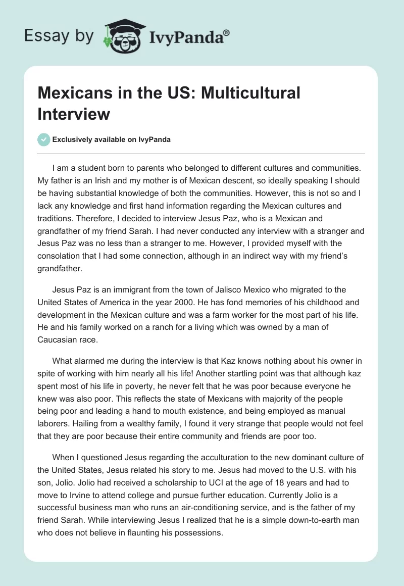 Mexicans in the US: Multicultural Interview. Page 1