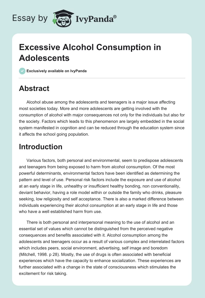 Excessive Alcohol Consumption in Adolescents. Page 1