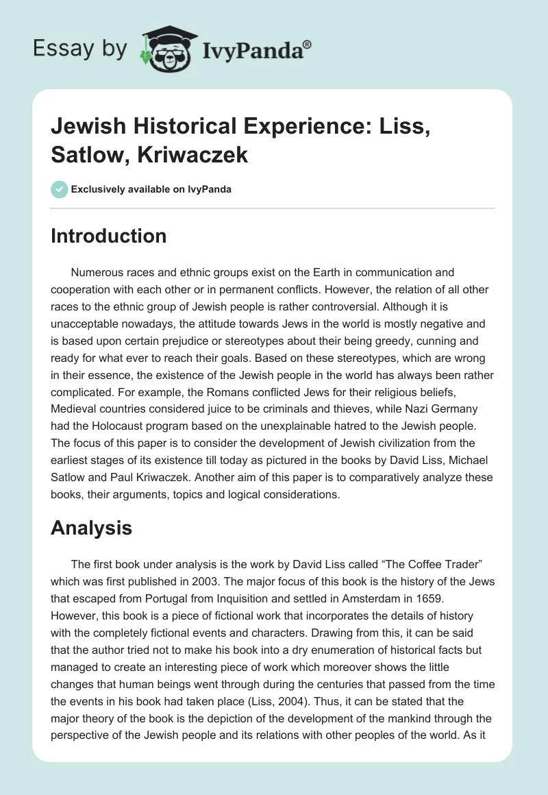 Jewish Historical Experience: Liss, Satlow, Kriwaczek. Page 1