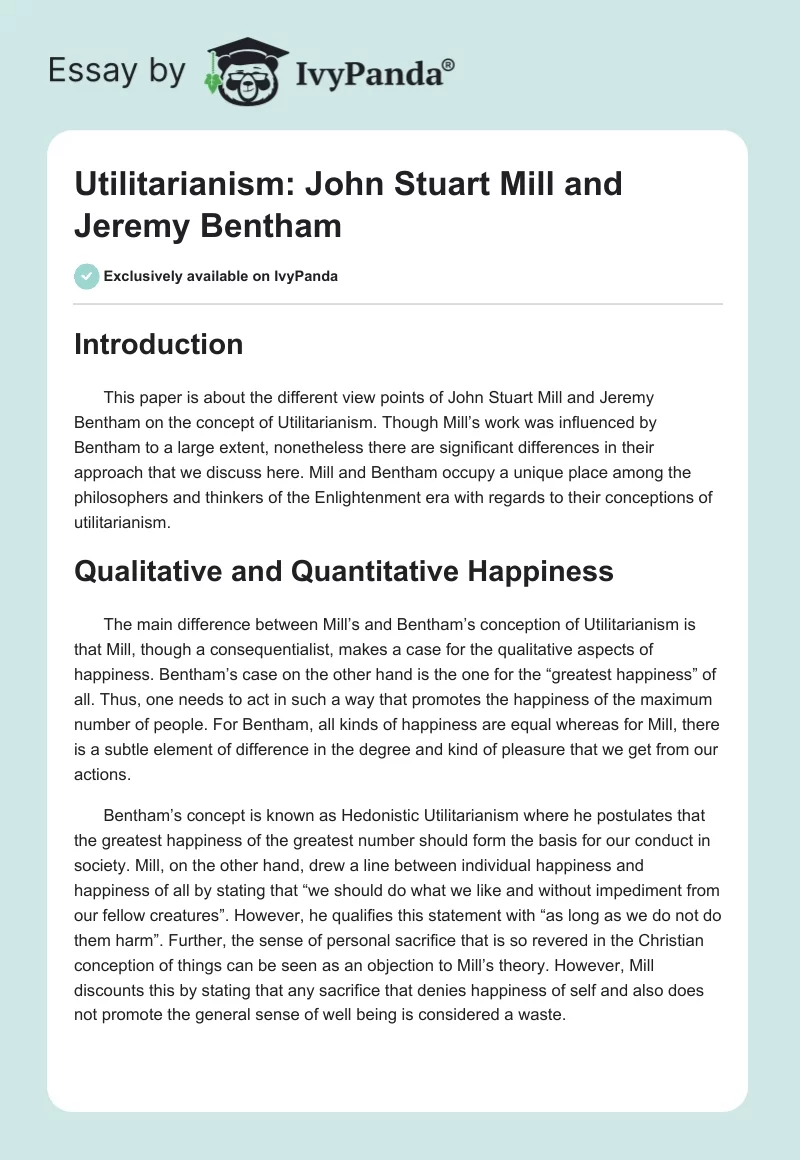 Utilitarianism: John Stuart Mill and Jeremy Bentham. Page 1