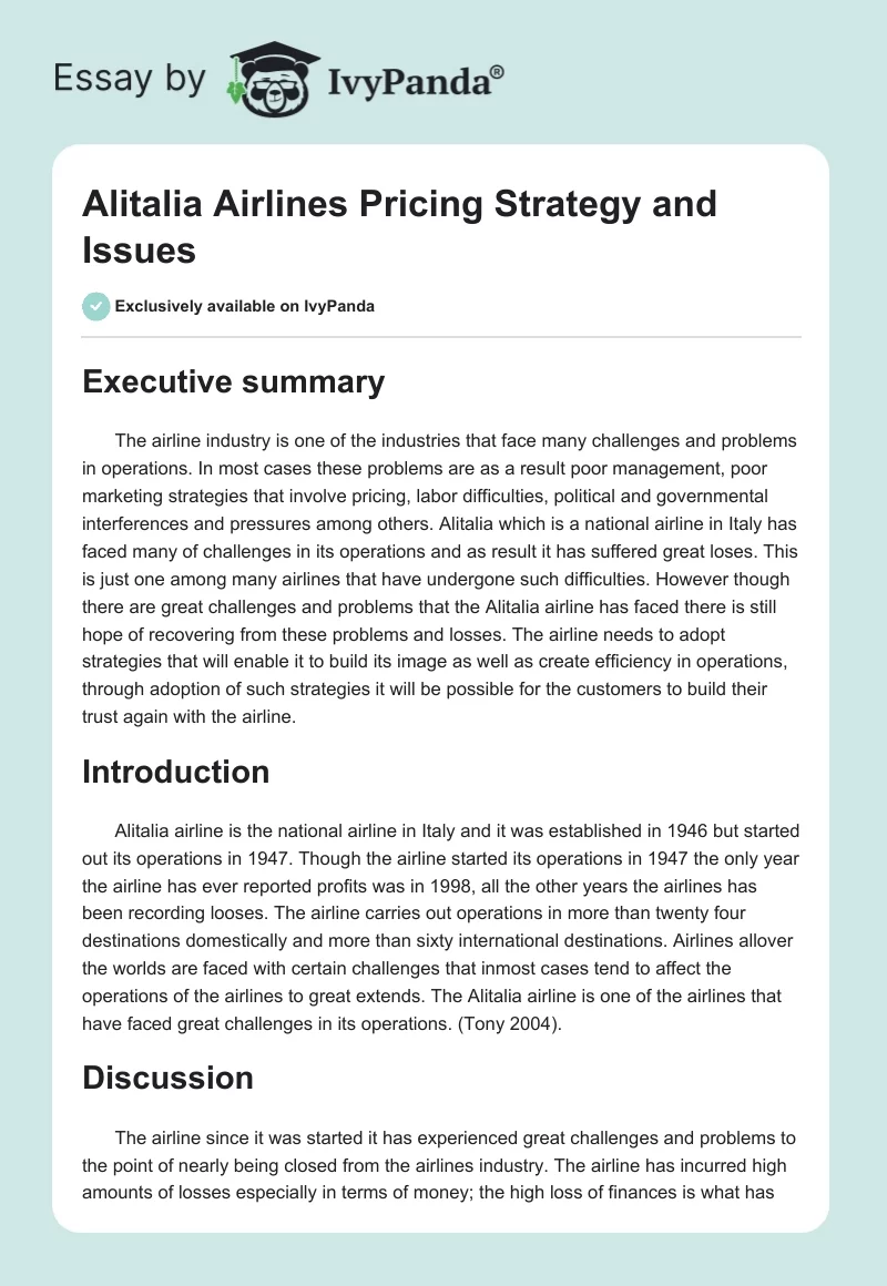Alitalia Airlines Pricing Strategy and Issues. Page 1