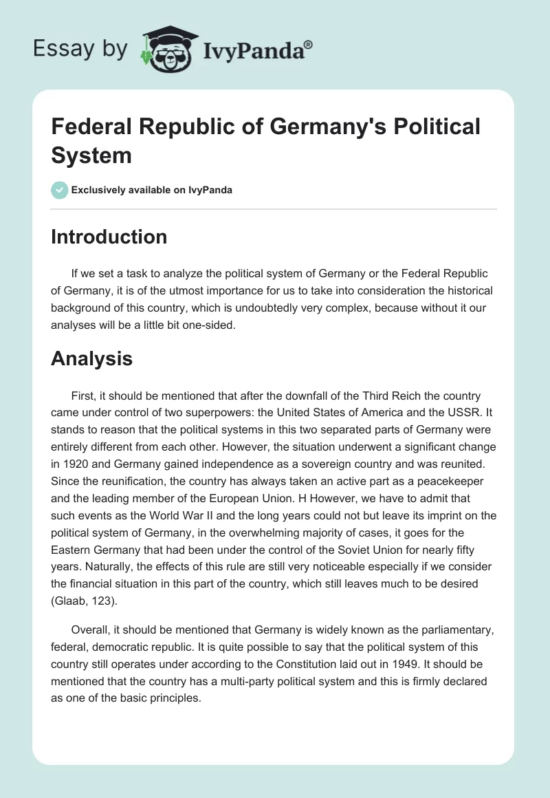 Federal Republic of Germany's Political System. Page 1