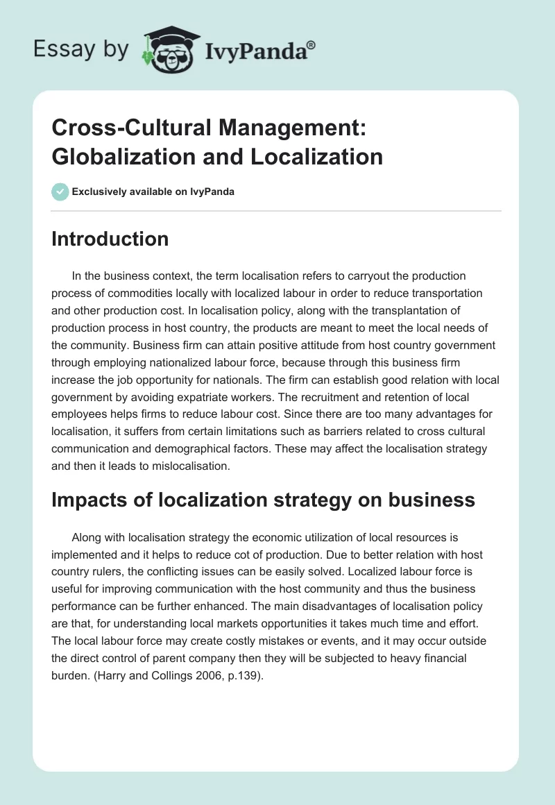Cross-Cultural Management: Globalization and Localization. Page 1