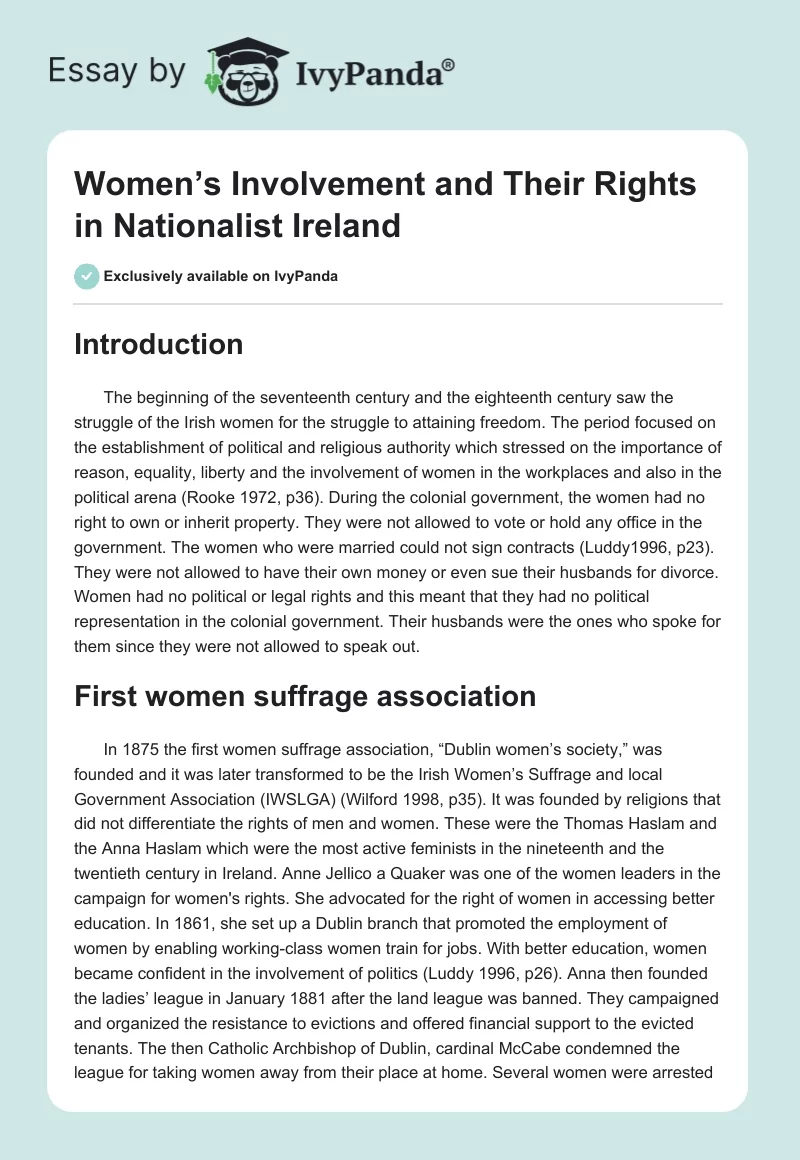 Women’s Involvement and Their Rights in Nationalist Ireland. Page 1