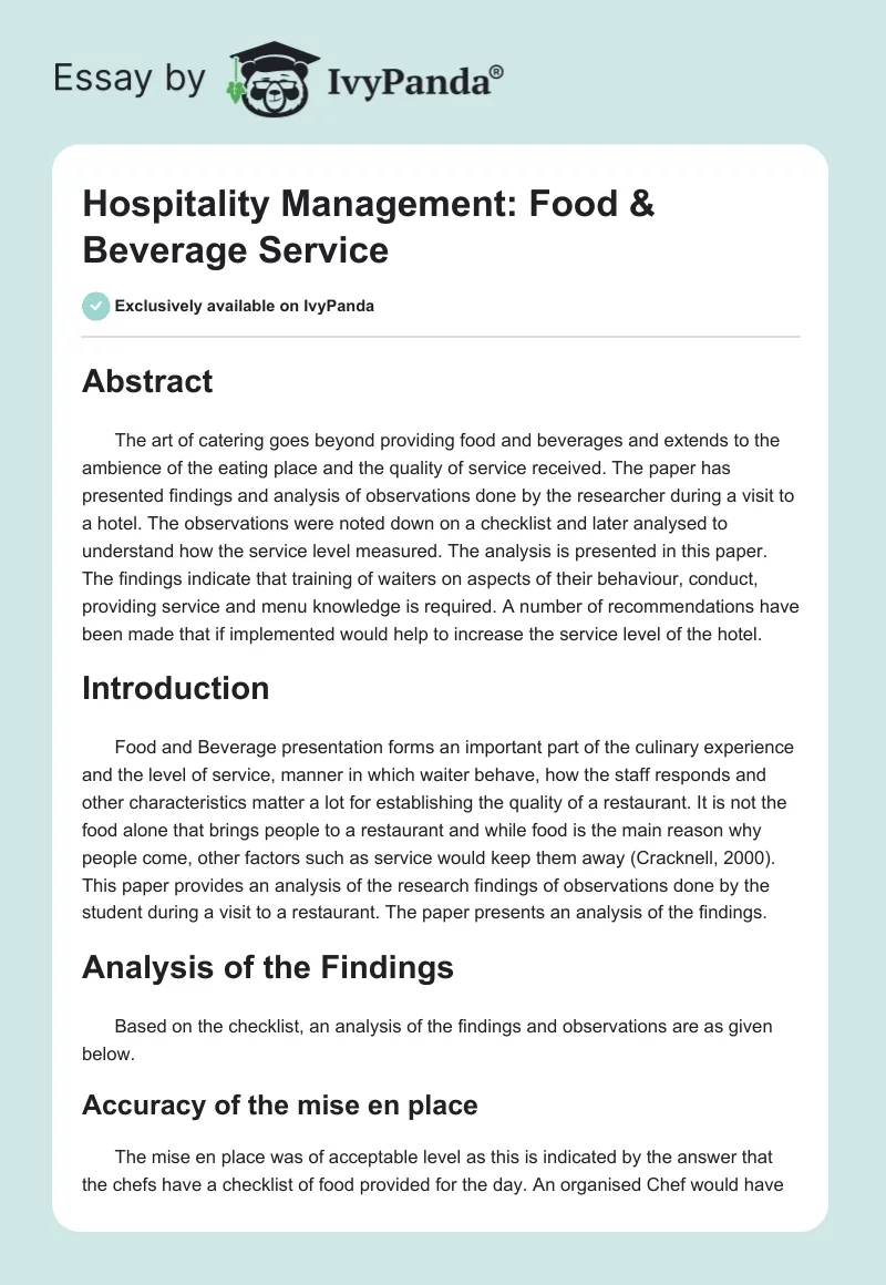 Hospitality Management: Food & Beverage Service. Page 1