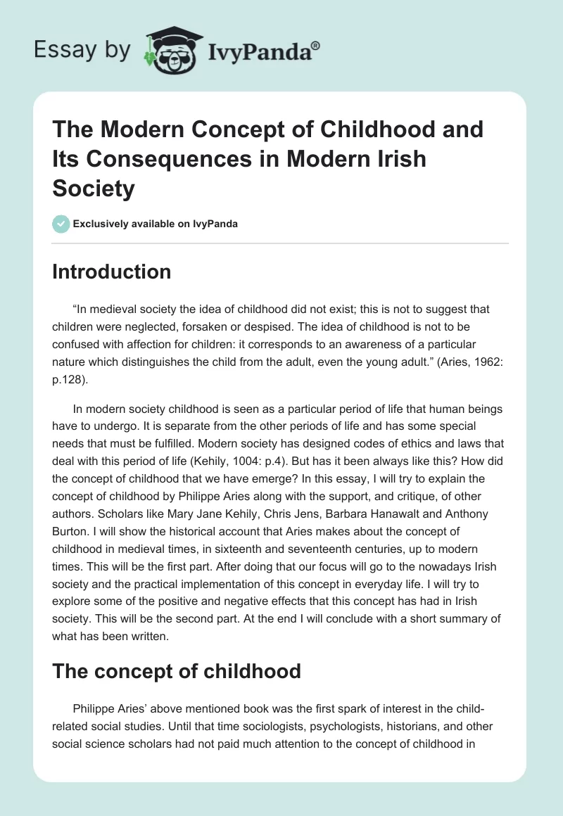 The Modern Concept of Childhood and Its Consequences in Modern Irish Society. Page 1