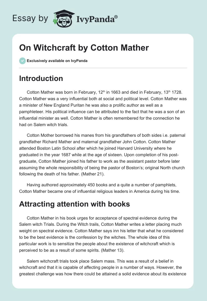 "On Witchcraft" by Cotton Mather. Page 1