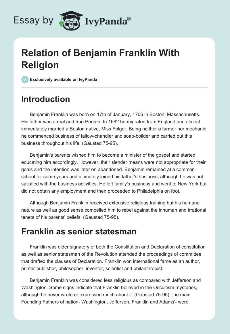 Relation of Benjamin Franklin With Religion. Page 1