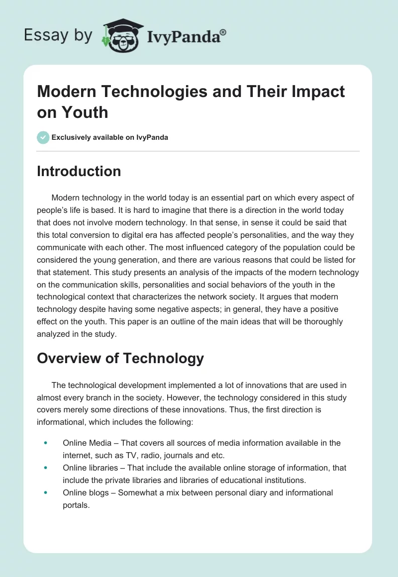 Modern Technologies and Their Impact on Youth. Page 1