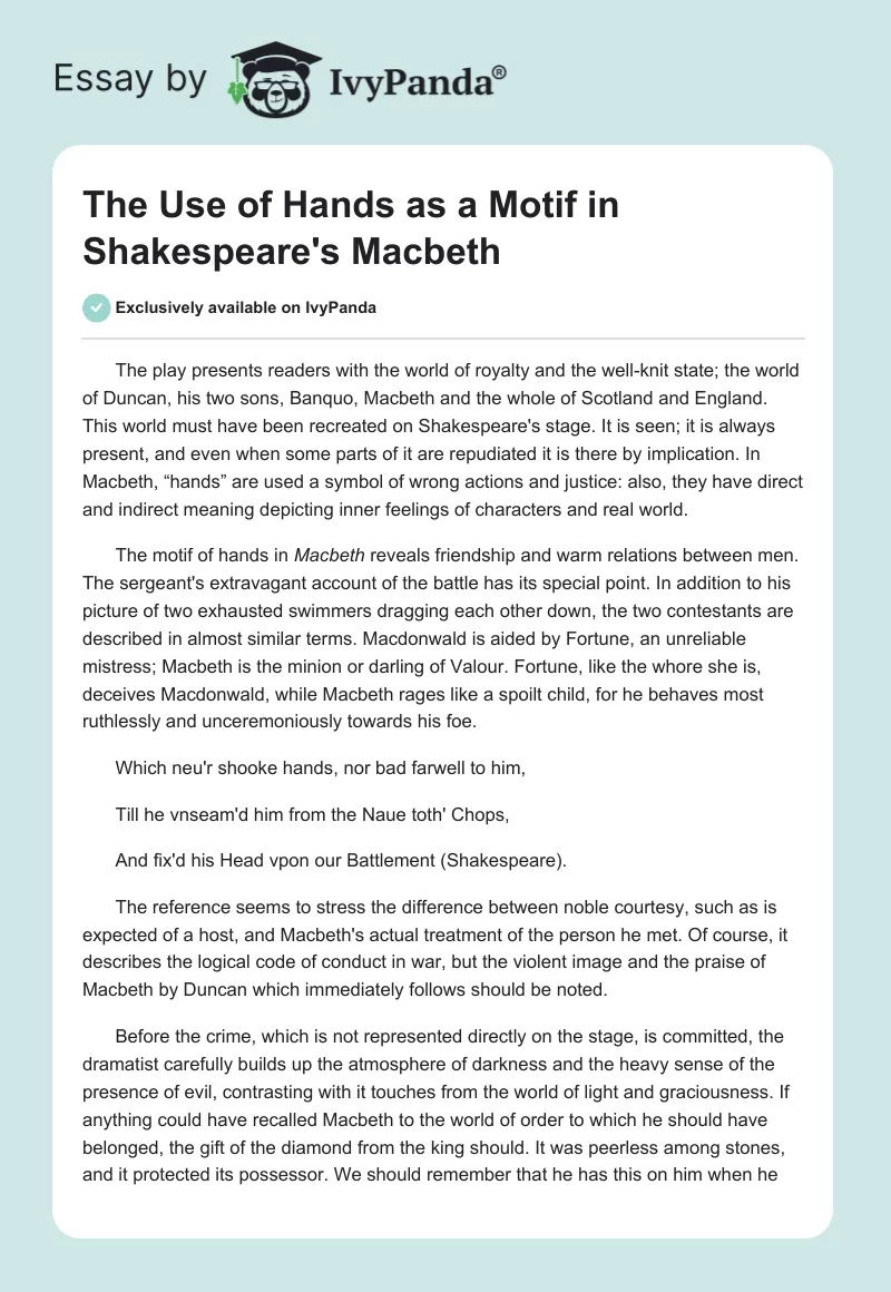 The Use of Hands as a Motif in Shakespeare's "Macbeth". Page 1
