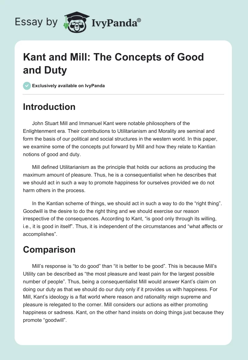 Kant and Mill: The Concepts of Good and Duty. Page 1