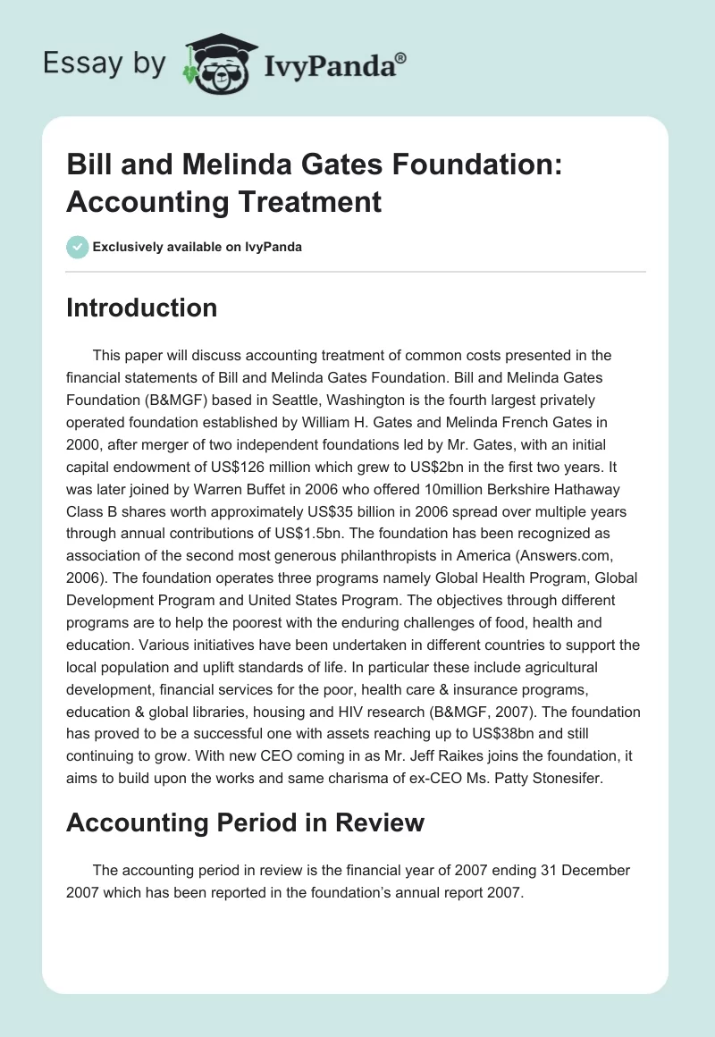 Bill and Melinda Gates Foundation: Accounting Treatment. Page 1