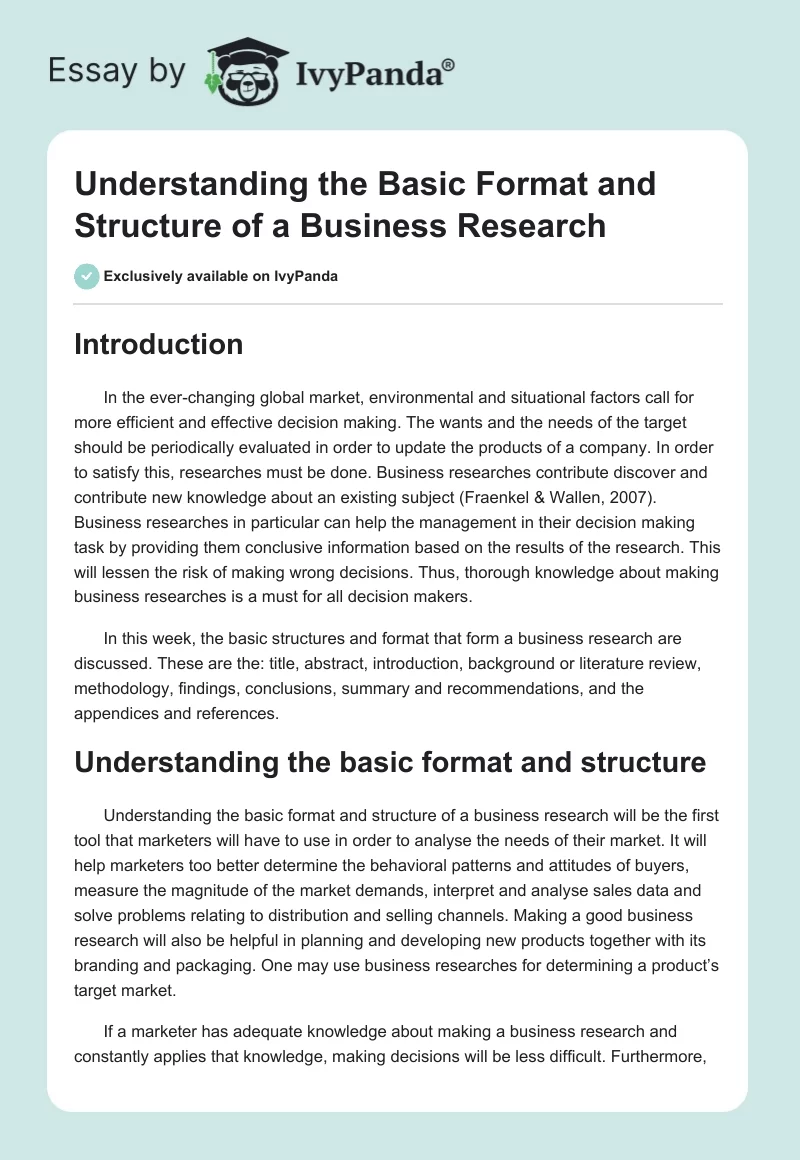 Understanding the Basic Format and Structure of a Business Research. Page 1